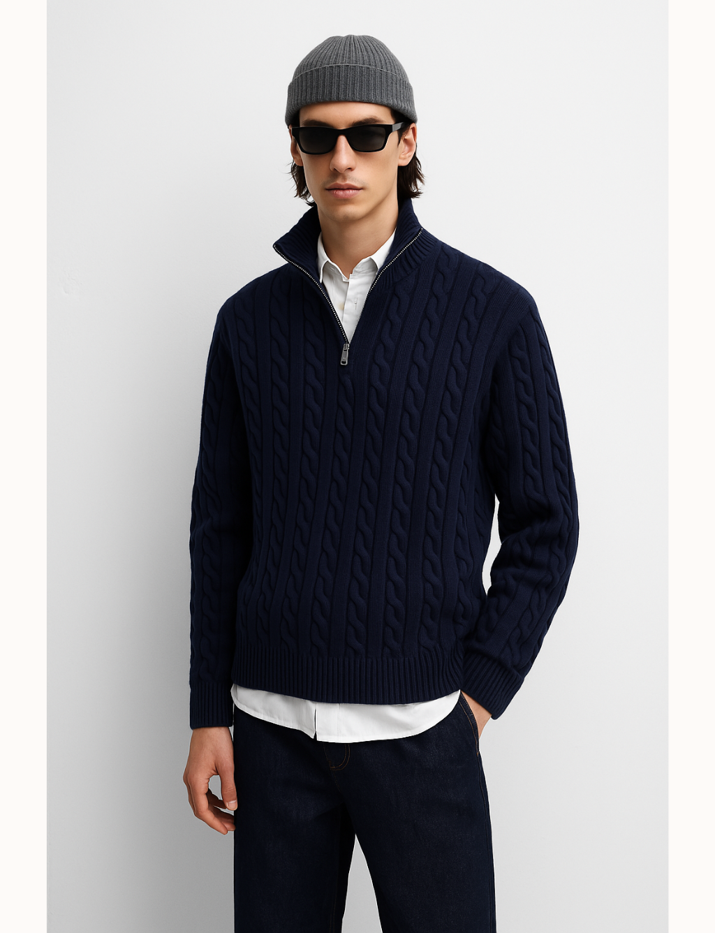 Cable-knit trucker-neck sweater