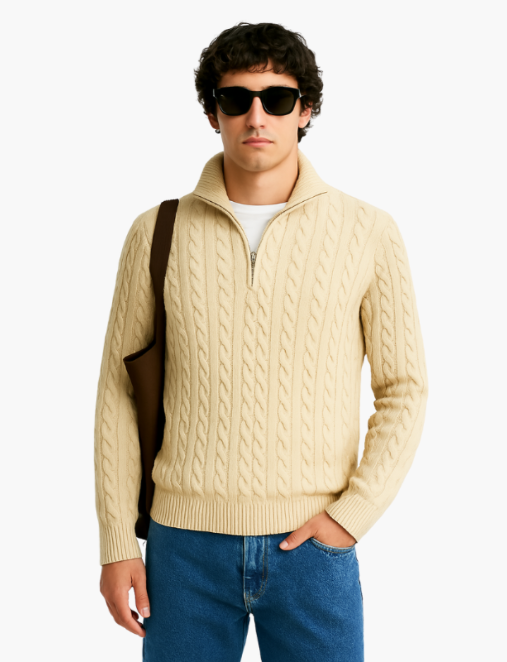 Cable-knit trucker-neck sweater